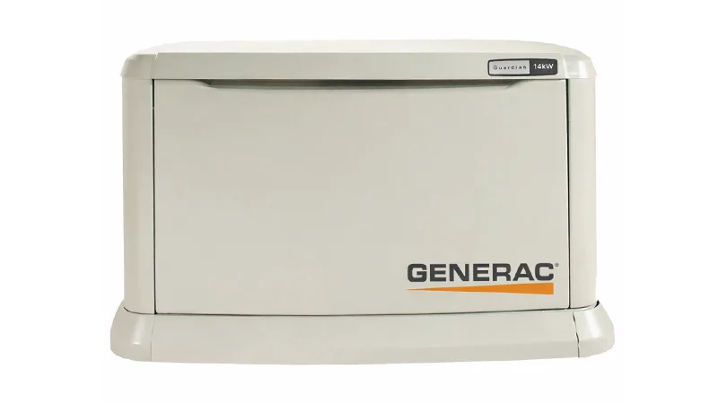 Close-up of a Generac Guardian 14kW standby generator unit on a clean white background, showing the front panel and logo.