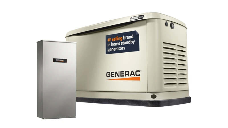 Generac Guardian 24kW standby generator with transfer switch on white background