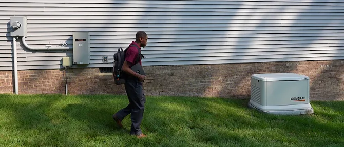 Technician walking toward a Generac standby generator installed outside a residential home