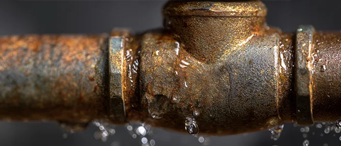 Corroded backflow preventer valve leaking water from a plumbing connection.