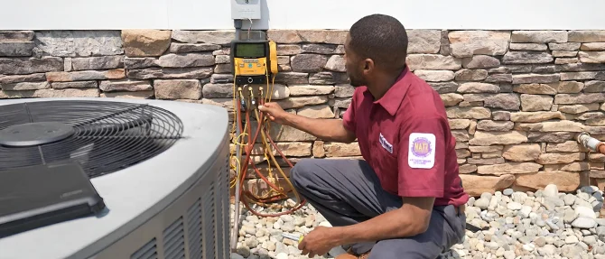 HVAC technician checking refrigerant pressure on an outdoor air conditioning unit using digital gauges.