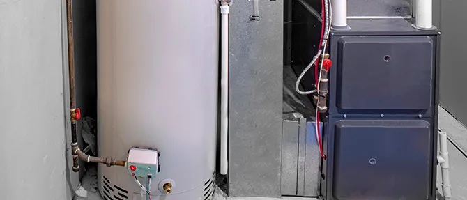 Residential furnace and water heater installed side by side in a utility room, showing HVAC system components and piping