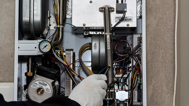 Technician inspecting furnace components