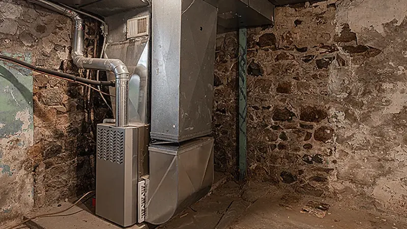Furnace unit installed in an old stone-wall basement with exposed ductwork and piping