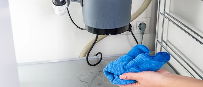 Water leaking from a garbage disposal under a kitchen sink being wiped with a cloth.