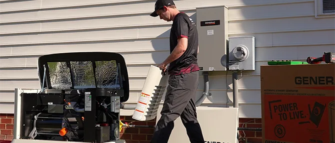 Technician servicing an open Generac standby generator outside a residential home, with tools and equipment visible nearby.