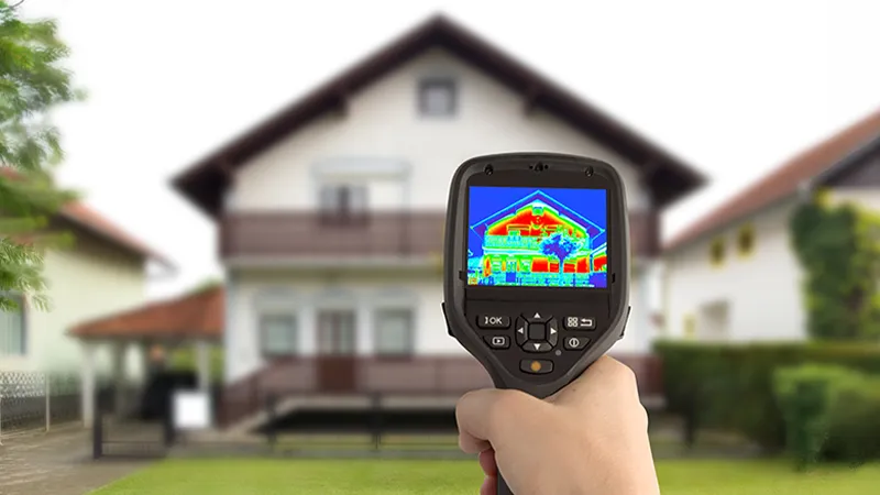 Technician using a thermal imaging camera to perform a home energy audit in a residential property.